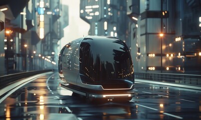 A sleek, minimalist delivery pod silently glides through a futuristic cityscape, delivering goods with precision and efficiency