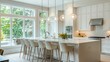 © BloomArt - A modern kitchen island with white bar stools a view of the outdoors and contemporary decor