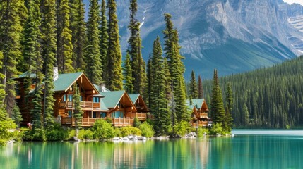 Wall Mural - Wooden cabins on a lakeside with clear blue water, pine trees and mountains in the background.