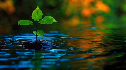 A Young Green Plant Growing on a Stone in a Forest Stream in Autumn