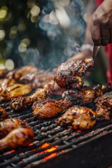 Wall Mural - Barbecue chicken wings being grilled to perfection. The image captures the process of cooking in a backyard setting with smoke and aroma filling the air.