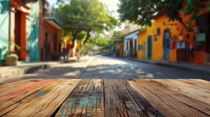 Vibrant street in a Latin American city with a textured wooden sidewalk, inviting for walkers and visitors.