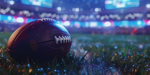 Football on the field in a stadium, ready for kickoff.