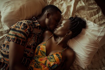 Poster - A couple sharing a tender kiss in bed.