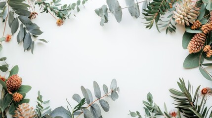 Artistic arrangement of Banksias and Eucalyptus on white backdrop with space for text