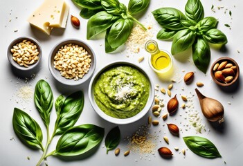 Wall Mural - delicious creamy basil pesto sauce white background fresh ingredients italian cuisine recipe, food, green, herb, flavor, traditional, homemade, aromatic