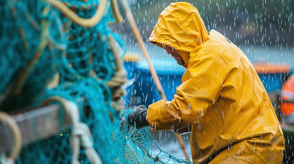 Wall Mural - A man in a yellow jacket is working on a fishing net, a professional fisherman.