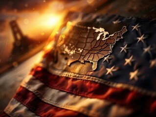 Patriotic flags waving, closeup on the fabric s texture against a backdrop of a national monument