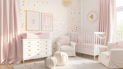 A charming and spacious nursery room for a baby girl featuring white furniture, pastel pink decorations, and golden polka dot wallpaper. The sweet, airy design creates a cozy and inviting atmosphere f