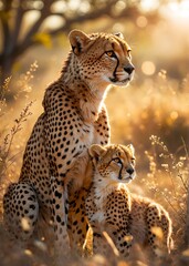 cute nature scene of a cheetah and is cub on the savannah, touching wildlife conervation image,