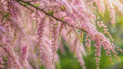 Flowering branches of tamarix, tamarix, pink flowers, blooms, branches, nature, spring, Mediterranean, garden, delicate