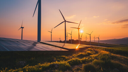 A field of wind turbines with the sun setting in the background