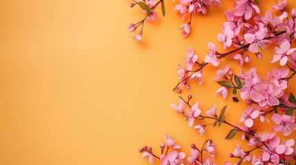 Wall Mural - flat lay of pink spring flowers on orange background with space for text viewed from above