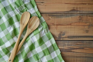 White wooden table covered with green tablecloth and cooking utensils. View from top. Empty tablecloth for product montage. Free space for your text - generative ai