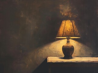 Vintage lamp on old wooden table and dark grunge wall background