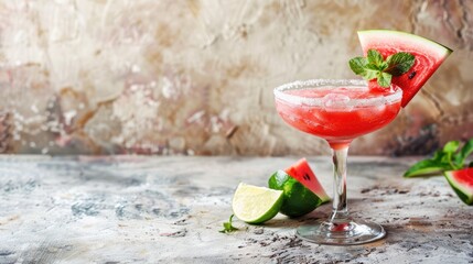 Lime watermelon margarita cocktail, light concrete background with copy space