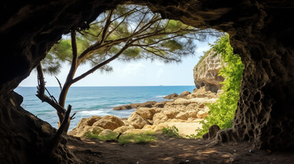 Wall Mural - View from the cave to the seashore. Cozy grotto on the shore of the warm sea