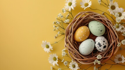 Sticker - Easter eggs in eco friendly basket on yellow background flat lay with copy space