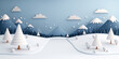 © NeuroCake - Christmas card illustration in 3D style. Winter landscape with snow covered mountains and pine trees. Design for greeting card, poster, banner with copy space.