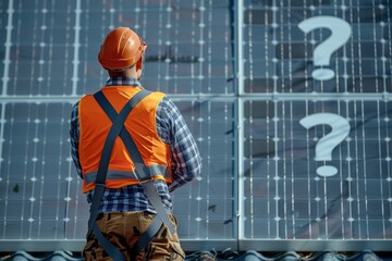 A construction worker wearing safety gear, looking at a sign that says 'Why?', possibly referring to an unexplained work instruction.