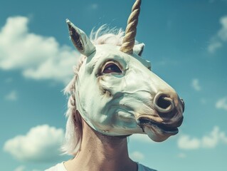 A person wearing a mask of a unicorn's head with wings.