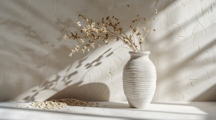 Wall Mural - Stylish ceramic vase with dried oats casting wall shadows. Front view. Empty space