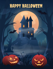 Halloween card, gloomy castle with trees and pumpkins