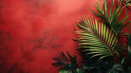 Wall Mural - Copy space with a red backdrop and tropical palm