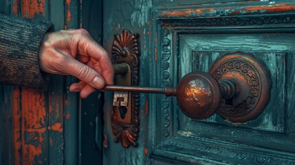 hand turns an old-fashioned key in the keyhole of a weathered wooden door.