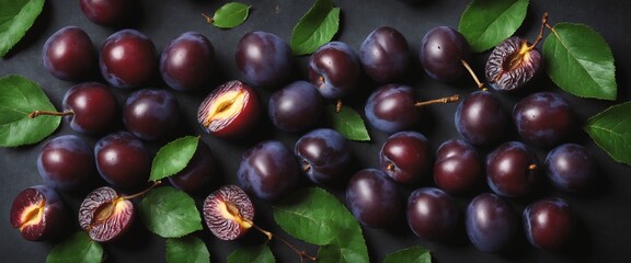 Wall Mural - Fresh plums with green leaves on dark. Food background. Top view