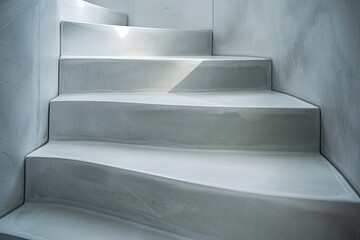 Poster - A pristine minimalist white staircase with soft, flowing curves and subtle shadows, highlighting simplicity, modern design, and a peaceful, airy atmosphere in its architectural form.