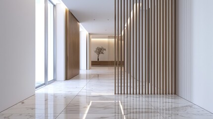 Poster - White Home Corridor with Wooden Slatted Doors Vertical