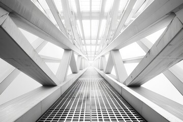 Poster - A visually striking futuristic corridor featuring converging linear structures and illuminated by natural light, embodying modern architectural innovation and symmetry.