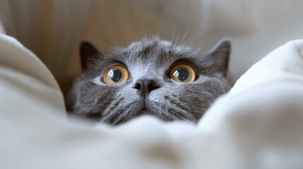 Wall Mural - A gray cat peeking out from under a blanket on top of the bed. AI.