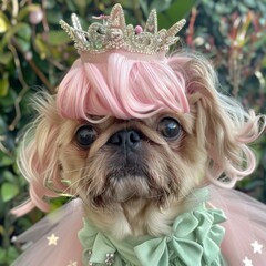 Canvas Print - A small dog wearing a pink dress and tiara. AI.