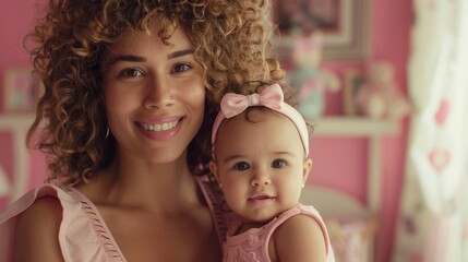 Poster - A woman holding a baby in her arms while wearing pink. AI.