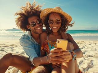 Canvas Print - A happy couple taking a selfie on the beach. AI.