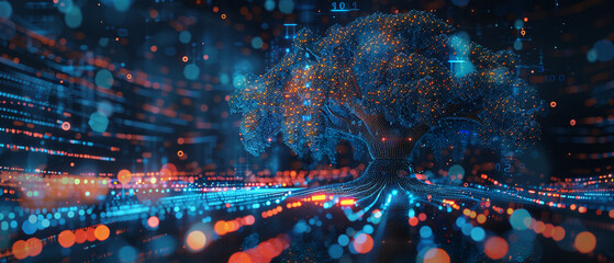 Glowing orange and blue circuit board tree with flowing binary code, Glowing orange and blue circuit board tree with flowing binary c