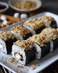 Sticker - A plate of sushi with nuts and marshmallows on top