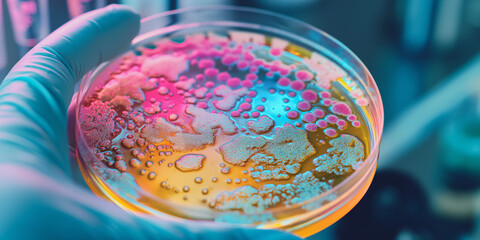 Poster - Scientist holding petri dish with colorful bacteria culture growing in laboratory