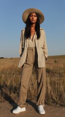 Poster - A woman wearing a straw hat and khaki pants stands in a field