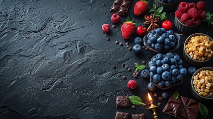 Wall Mural - Dark Chocolate, Berries, and Crunch Topping on a Black Surface