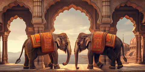 Two indian elephants wearing traditional clothes standing in a palace gate