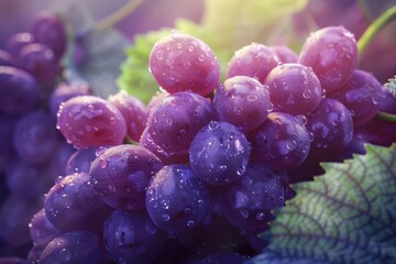 Wall Mural - A bunch of purple grapes with water droplets on them