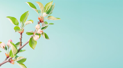 Poster - Flowering Branch with Green Leaves and Buds in Bloom. Beautiful Floral Composition Against a Soft Background. Nature's Spring Elegance Captured