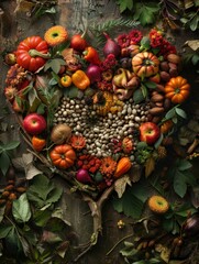 Wall Mural - Seasonal fruits and nuts arranged to form a heart shape