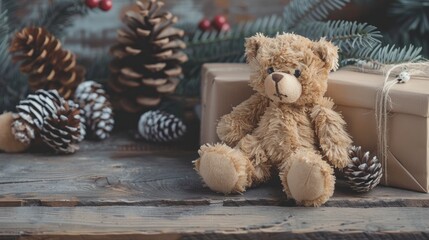 Wall Mural - Festive display featuring gift box teddy bear pine cone on wooden surface Holiday assortment