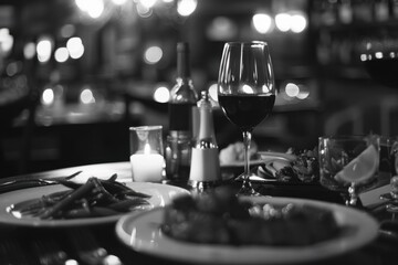 Wall Mural - Table with food, glass of wine and candles for intimate evening dining.