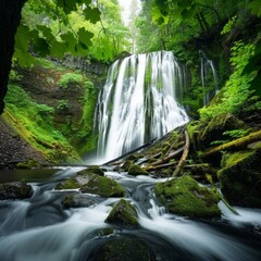 Sticker - A waterfall is flowing into a river with green moss growing on the rocks