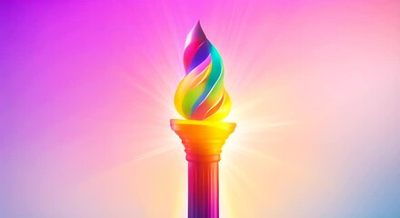 Wall Mural - Vibrant torch flame burns against gradient rainbow background Summer Olympic game fire symbol concept Vivid colors Inspiration hope and passion Emblem of sport competition 4k animation